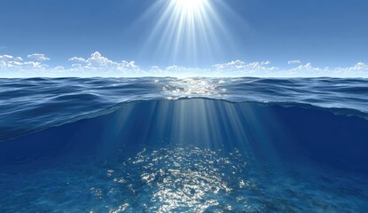 Sunlit ocean split view, surface & depths