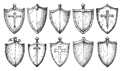 Collection of hand drawn medieval shields with heraldic crosses and rivets vector sketch illustration set for knights and warriors © Kaz