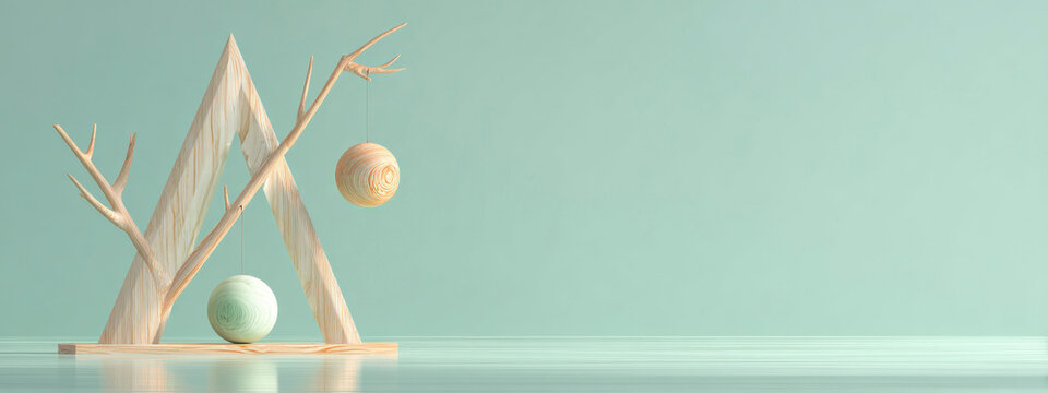 Minimal Christmas scene with wooden tree sculpture and pastel ornament on calm blue surface, concept of modern holiday decor, balance and serene seasonal mood. banner  - Powered by Adobe