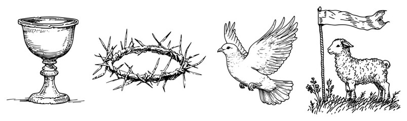 Hand drawn Christian religious symbols featuring chalice crown of thorns dove and lamb of god