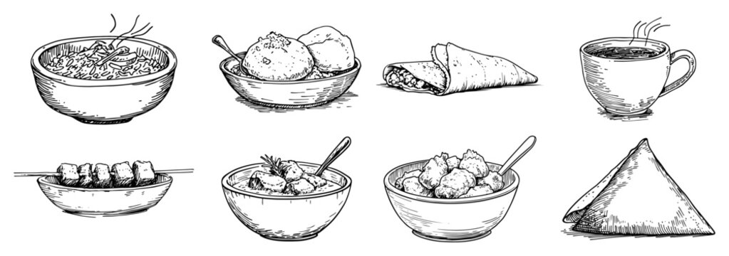 Traditional Indian food icon set including samosa dosa idli and tea sketch vector illustration