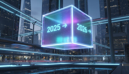 Futuristic cityscape with 2025 to 2026 cube, symbolizing progress and innovation