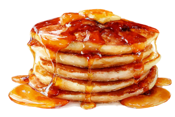 Creative fluffy pancake with syrup watercolor painting with realistic brush textures isolated on transparent background