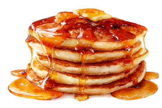 Creative fluffy pancake with syrup watercolor painting with realistic brush textures isolated on transparent background
