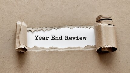 Torn scroll revealing the words year end review written in typewriter font on a textured background
