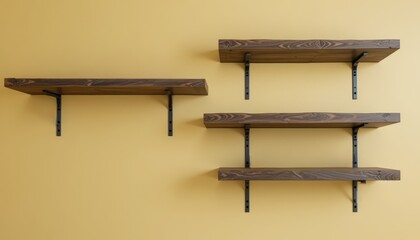 Wooden shelves mounted on a yellow wall. The shelves are arranged in a staggered pattern, showcasing a rustic design with metal brackets.