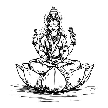 Hindu goddess Lakshmi sitting on lotus flower hand drawn spiritual vector illustration