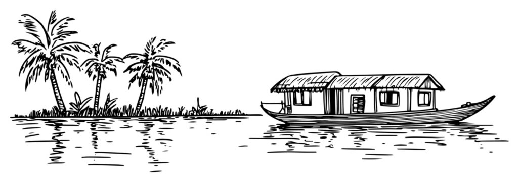 Tropical river houseboat with palm trees hand drawn landscape vector illustration