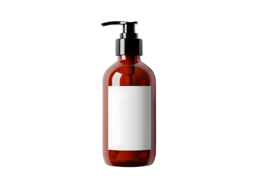 Amber bottle with black pump and blank white label isolated on black background - Powered by Adobe
