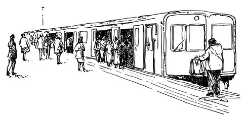 Busy train station platform with passengers boarding the carriage hand drawn public transport vector sketch © Kaz