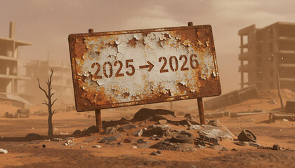 Post apocalyptic future 2025-2026 sign warns of global crisis and uncertainty
