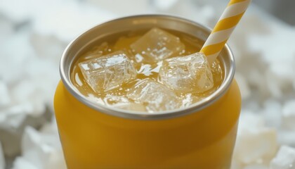 A close-up of a yellow beverage in a can with ice cubes and a striped straw. The background features white ice flakes, creating a refreshing summer vibe.