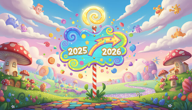 Enter a magical candy land journey to 2025 and 2026 with whimsical fantasy art