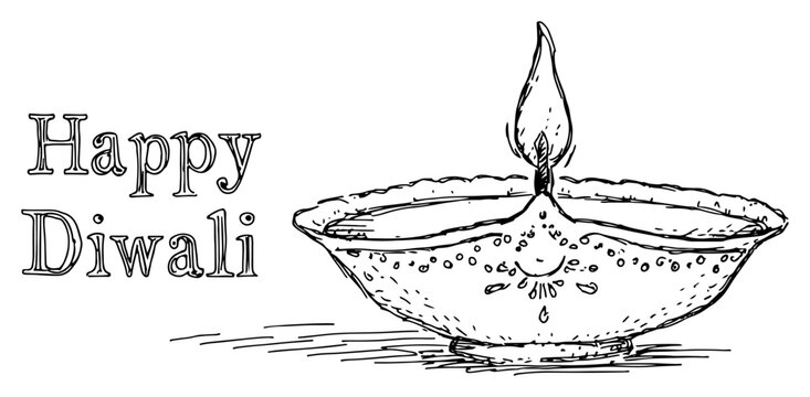 Happy Diwali greeting card concept with burning diya oil lamp and text sketch vector illustration