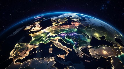 Illuminated european continent at night seen from space showing city lights and glowing atmosphere