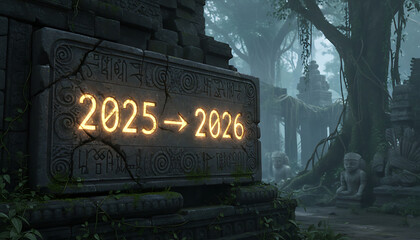 Ancient stone tablet shows glowing numbers 2025 leading to 2026 in jungle scene