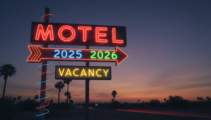 Neon motel sign offers vacancy for 2025 and 2026 stays on the open road