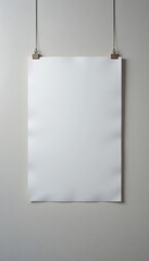 Blank white paper hanging on a wall with clips. The background is a simple, neutral color, creating a minimalist aesthetic.