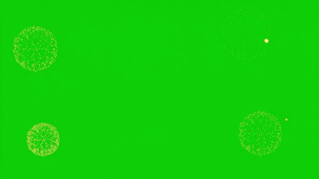 Colorful fireworks exploding on empty green screen frame. Alpha channel sequentially ignite, creating a festive border effect for celebrations and special events. New Year, Festive