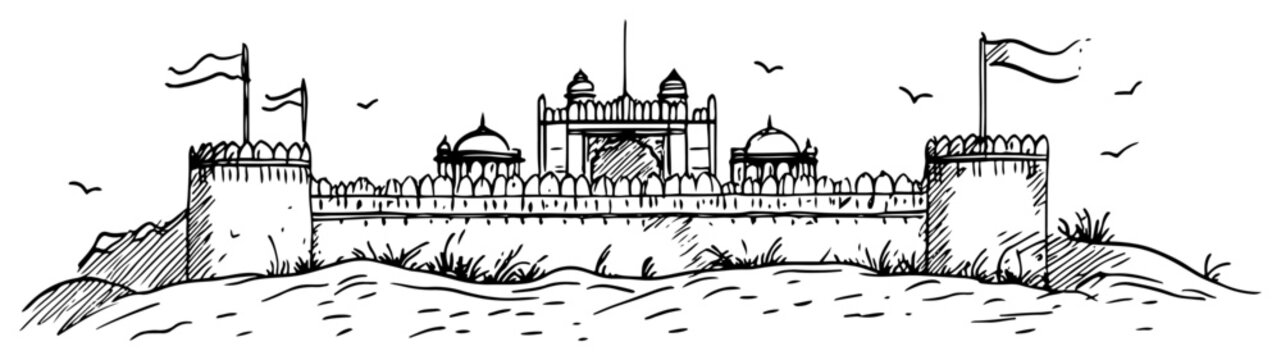 Ancient Indian fort architecture with defensive walls and flags panoramic vector sketch