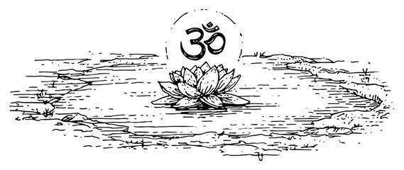 Sacred om symbol glowing above blooming lotus flower floating in water pond spiritual hindu vector sketch illustration