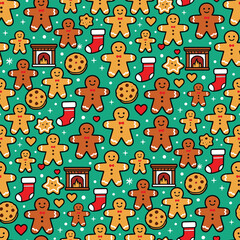 Christmas Pattern Vector. Seamless Christmas Gingerbread Pattern with Cookie and Stocking. Merry Christmas Cozy Seamless Pattern Background.
