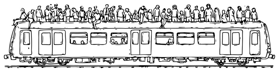 Overcrowded train carriage with passengers sitting on roof hand drawn public transport vector sketch illustration