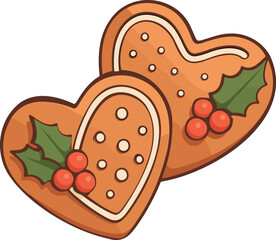 Heart shaped gingerbread cookies with holly and icing, cute Christmas holiday dessert illustration