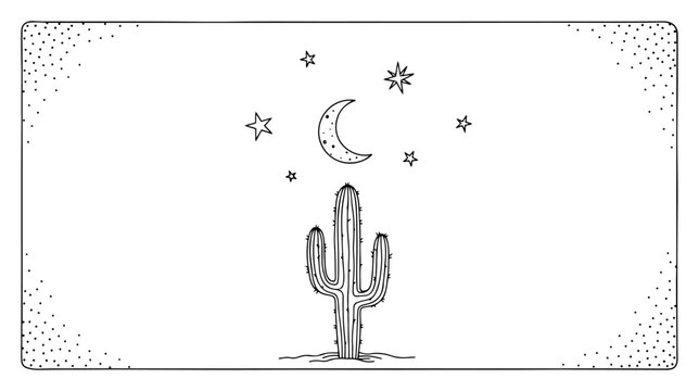 Minimal cactus moon and stars border empty desert frame hand drawn vector illustration