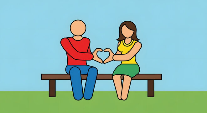 Loving cartoon couple on a bench forming a heart with their hands, relationship.