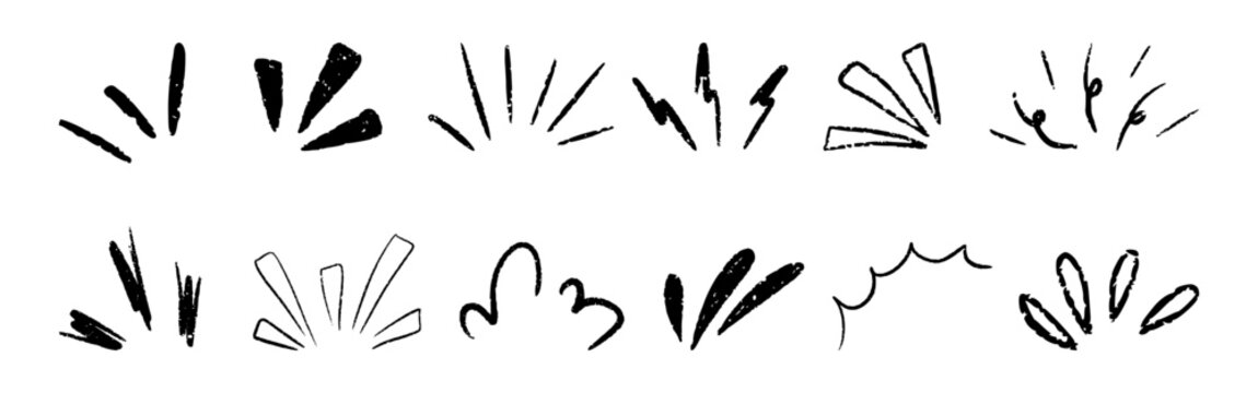 Comic twinkle line effect with manga starburst and expressive splash. Chalk doodle firework burst. Hand drawn sparkle ray, shine and sun highlight for surprise decoration element. Vector illustration