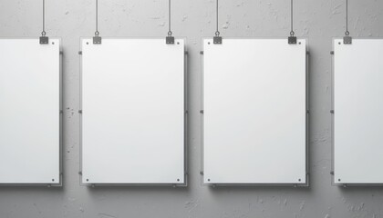 Four blank posters hanging on a concrete wall. The posters are evenly spaced and secured with metal clips. The background is gray and minimalistic.
