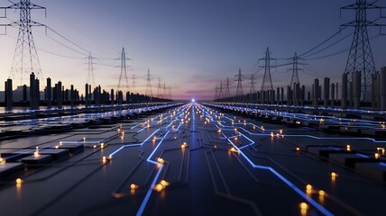 Futuristic cityscape with glowing blue energy lines connecting to towering power pylons against a twilight sky