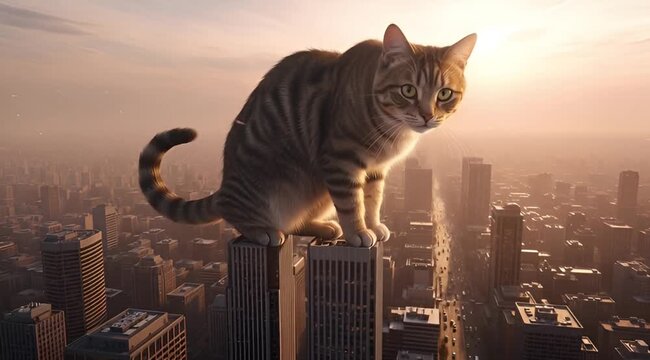Gigantic Cat Perched Atop City Skyscraper with Sunlit Backdrop