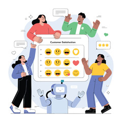 Customer Satisfaction Feedback with People and AI Robot Collecting Emotion Ratings Illustration