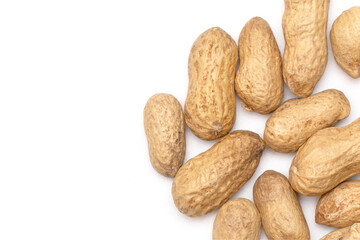 Closeup dried peanut pods on clean white background