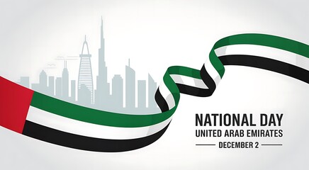 Fototapeta premium United arab emirates national day celebration with a flowing flag and iconic dubai skyline silhouette in the background