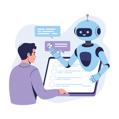 AI Robot Helping Man Complete Online Survey and Digital Form Assistance Illustration