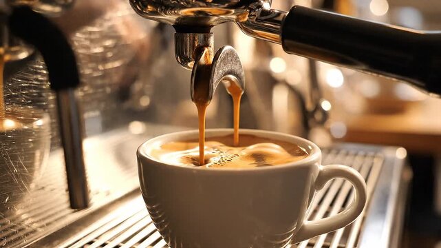 A close-up cinematic shot of an espresso machine brewing fresh coffee into a ceramic cup. Rich espresso flows smoothly from the dual spout with warm caf&eacute; lighting and soft bokeh background
