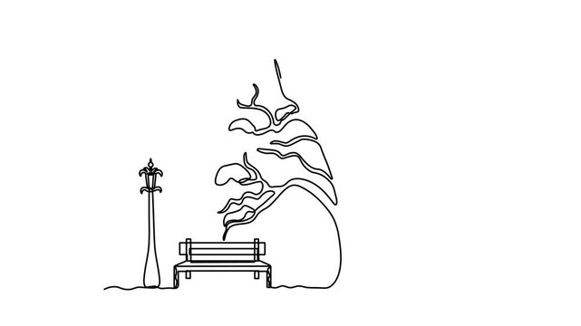 Abstract outdoor park bench two Street Lamps lantern and sprawling branching tree without leaves in winter with snow . Self drawing animation one continuous line draw, logo on white background