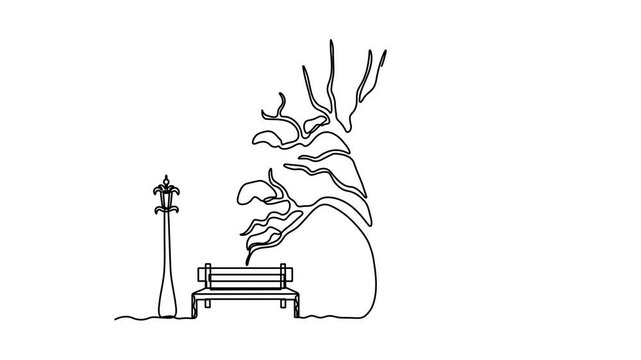 Abstract outdoor park bench two Street Lamps lantern and sprawling branching tree without leaves in winter with snow . Self drawing animation one continuous line draw, logo on white background