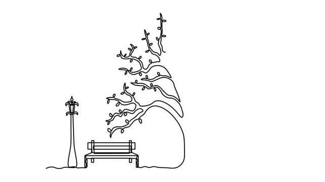 Abstract outdoor park bench and  Street Lamp lantern and sprawling branching tree with leaves in fall, Self drawing animation one continuous line draw, logo on white background