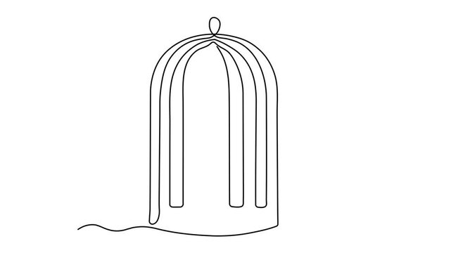 Bird, canary in cage, birdcage, Self drawing animation one continuous line draw, logo on white background
