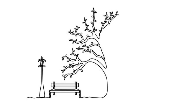 Abstract outdoor park bench and  Street Lamp lantern and sprawling branching tree with leaves in fall, Self drawing animation one continuous line draw, logo on white background