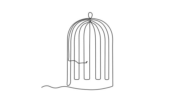 Bird, cockatoo parrot in cage, birdcage, Self drawing animation one continuous line draw, logo on white background