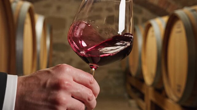 Hand holding a glass of red wine in a winery cellar setting  
