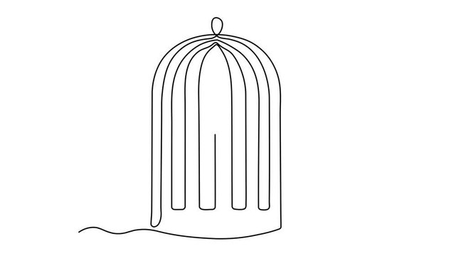 Bird, canary in cage, birdcage, Self drawing animation one continuous line draw, logo on white background