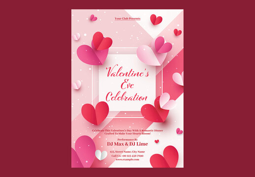 Editable Happy Valentine's Eve Celebration, Party Flyer Template with Hearts Decoration in Pink and White Theme.