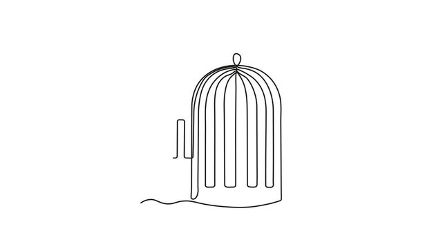 An abstract bird canary flies out of cage, birdcage, Self drawing animation one continuous line draw, logo on white background
