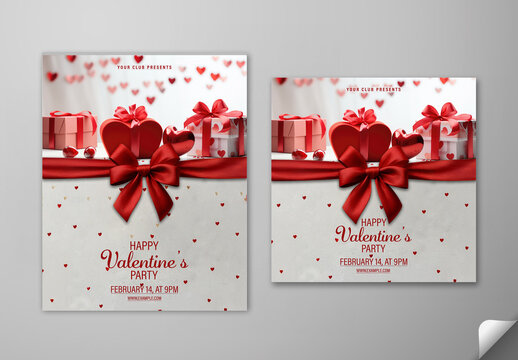 Editable Happy Valentine&rsquo;s Party Post Templates with Red Bow Ribbon Tied and Gift Boxes.